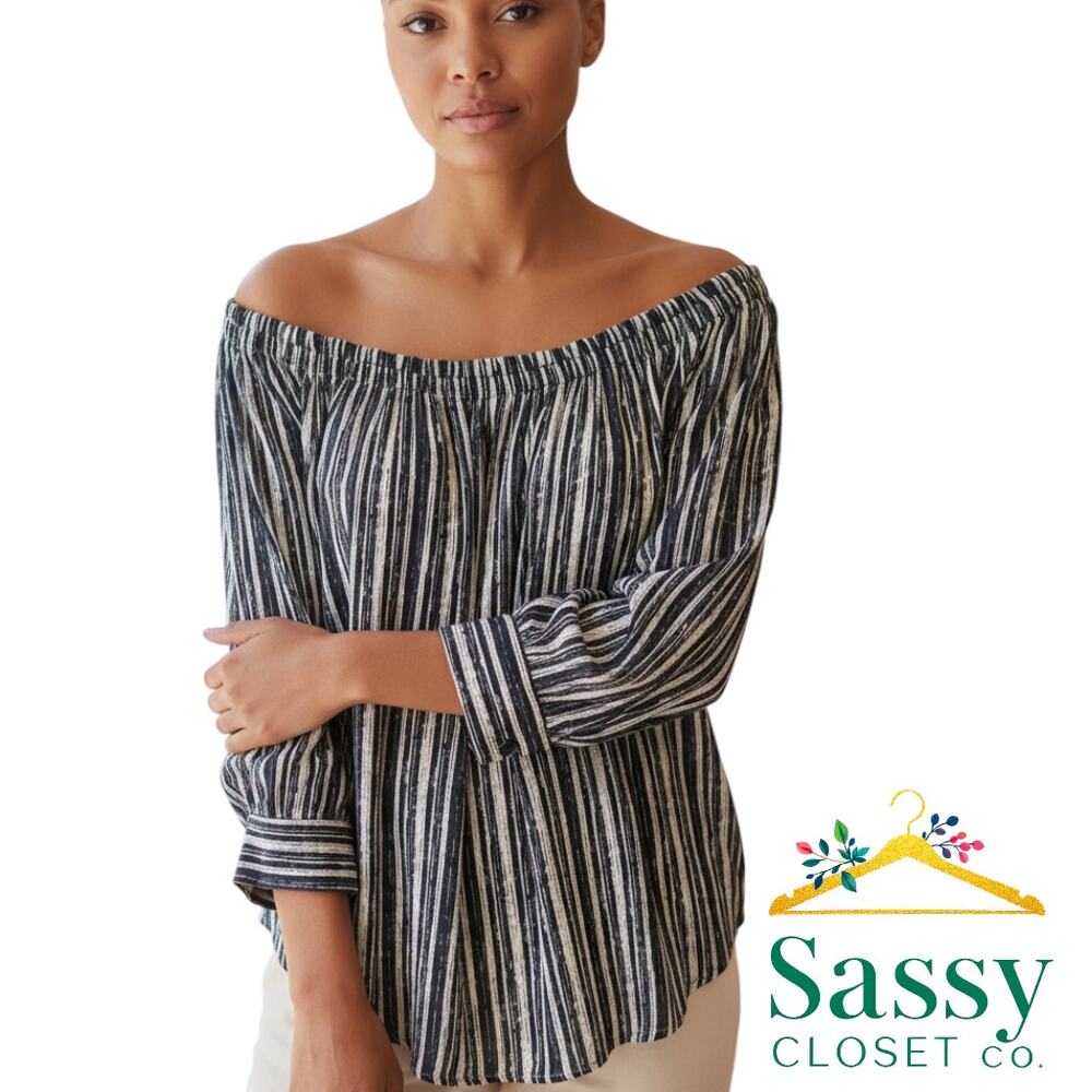 American Rag Navy White Stripe Off‑Shoulder Smocked 3/4 Sleeve Top Size S